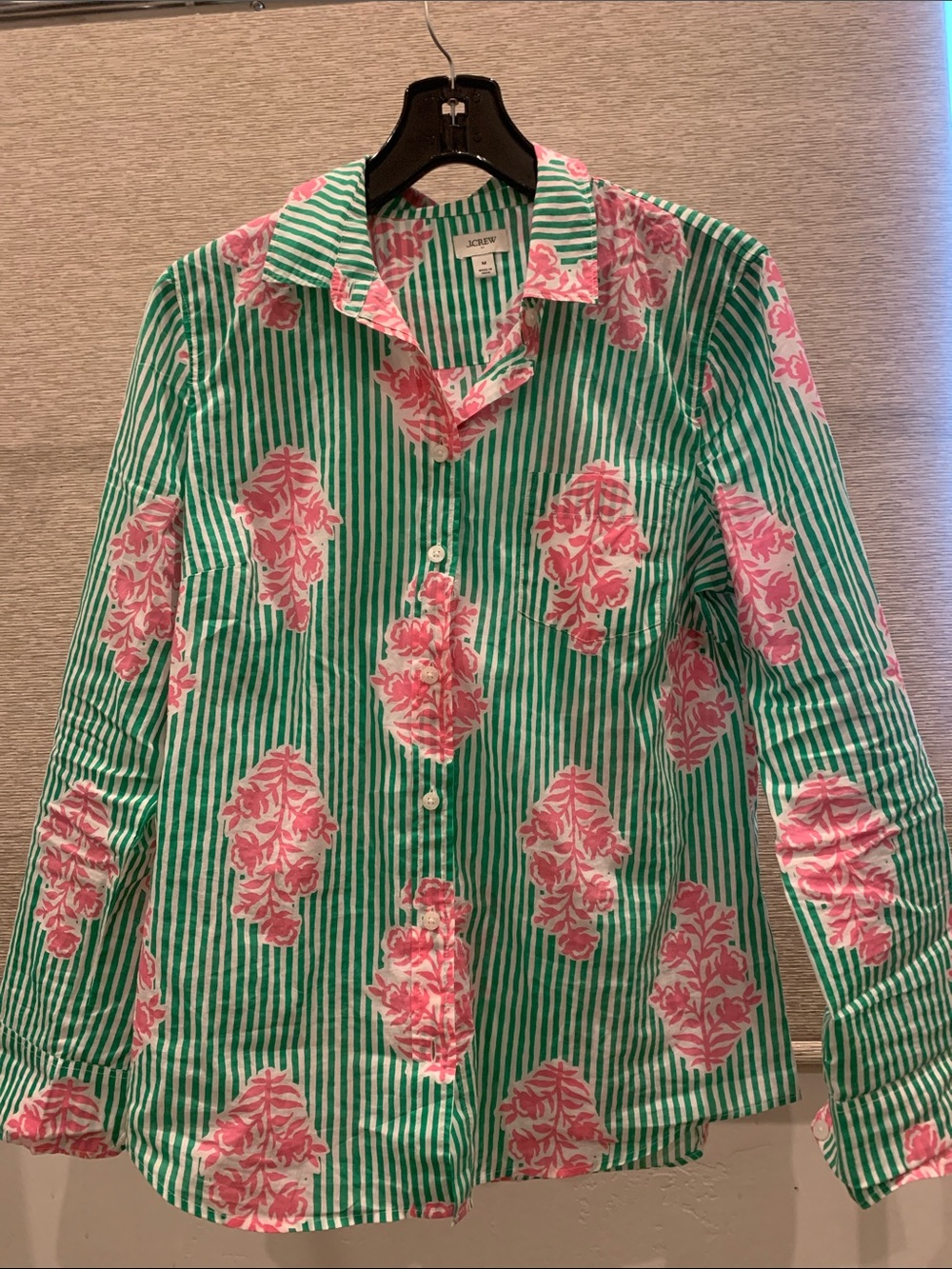 J. Crew Pink Floral Green-White Striped Button-Down Shirt